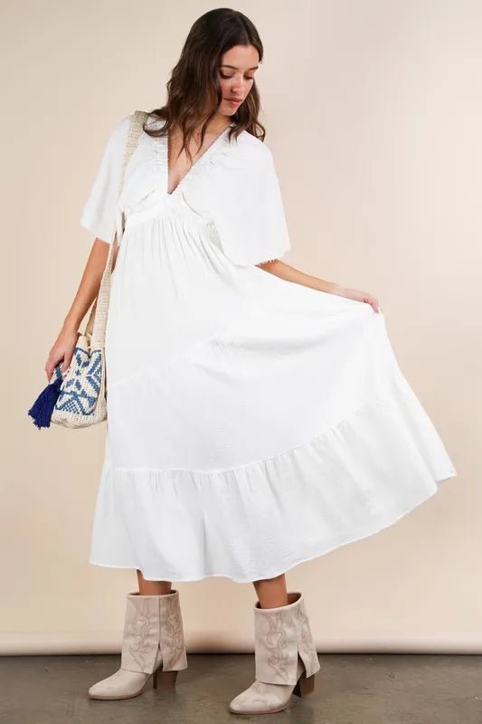 Very J - White Flutter Sleeve Tiered Midi Dress