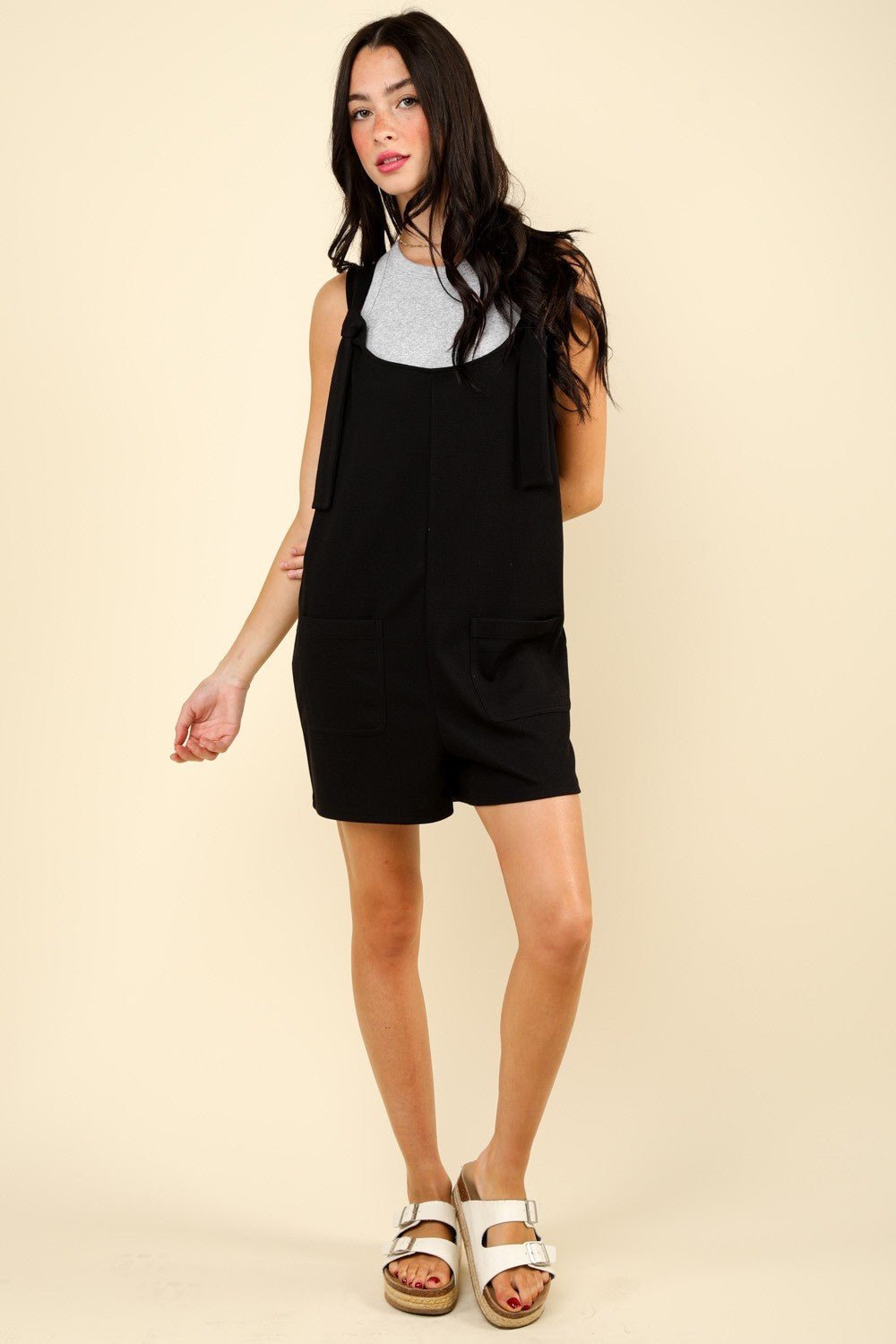 Very JTie Shoulder Romper with Pockets in Black