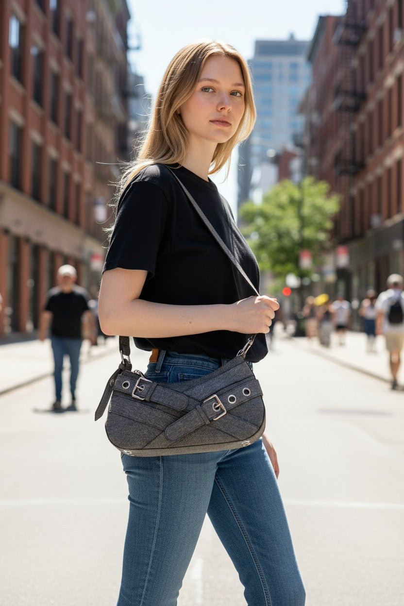 Woman walking down a city street holding a gray quilted handbag.