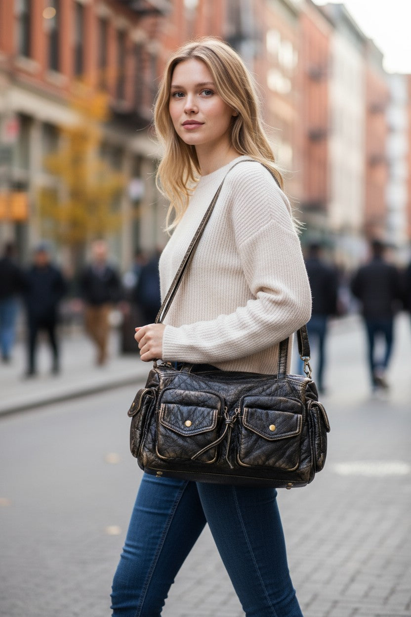Woman walking on a city street with a black leather bag