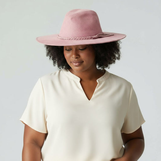 Person wearing a pink hat and white shirt against a plain background