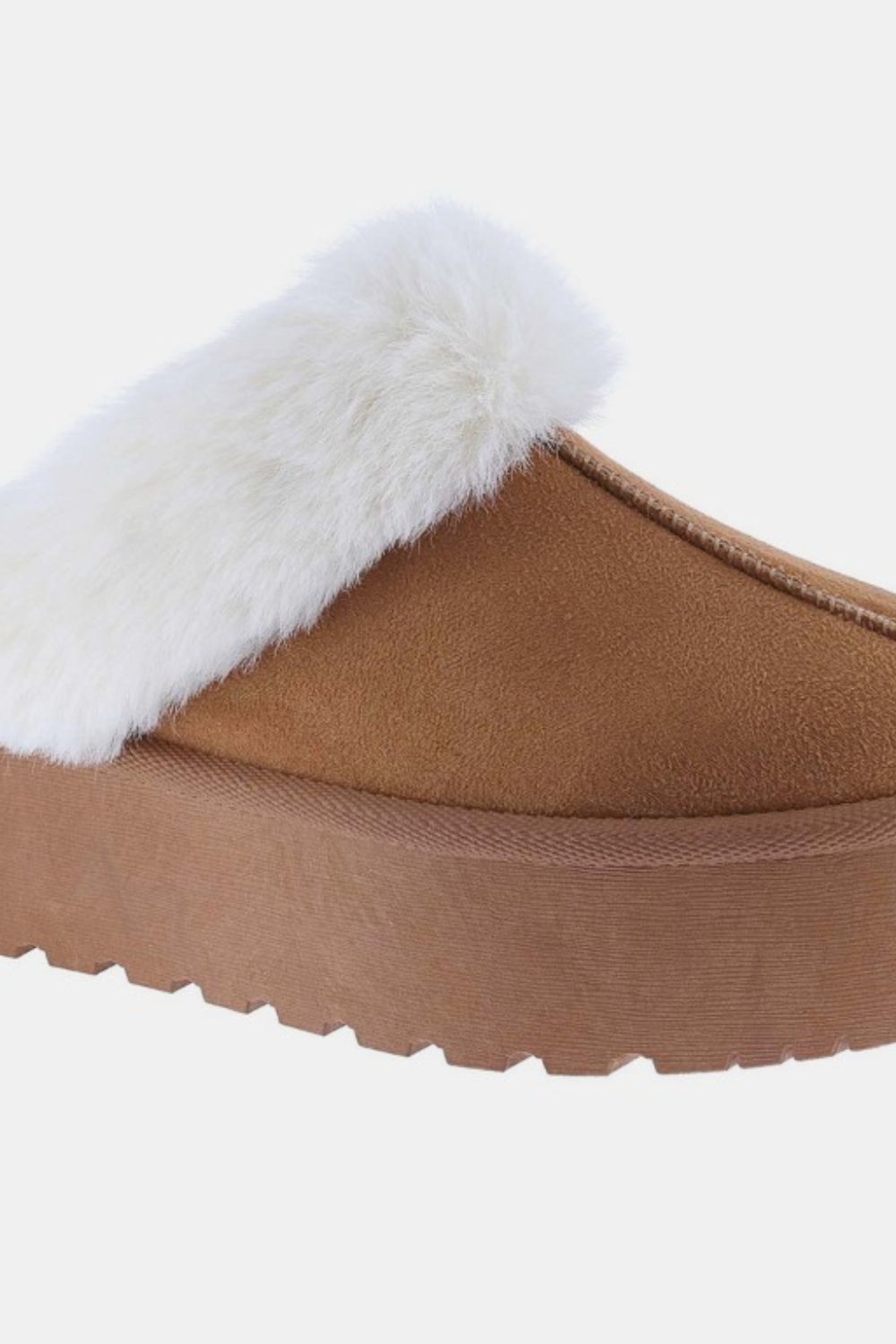 Weeboo - Platform Faux Fur Trim Slippers in Tan
