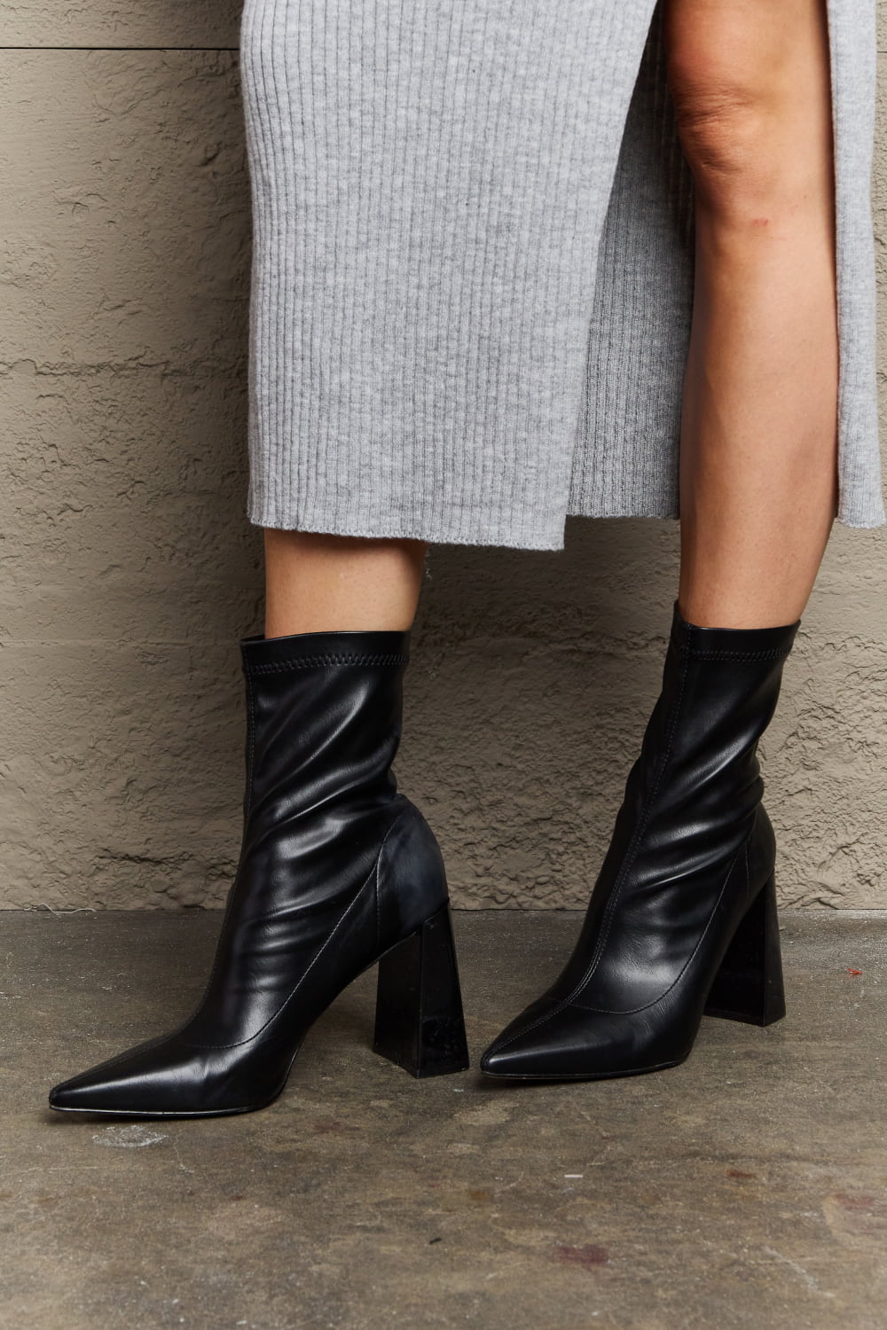 Weeboo - Vegan Leather Block Heel Sock Boots in Black