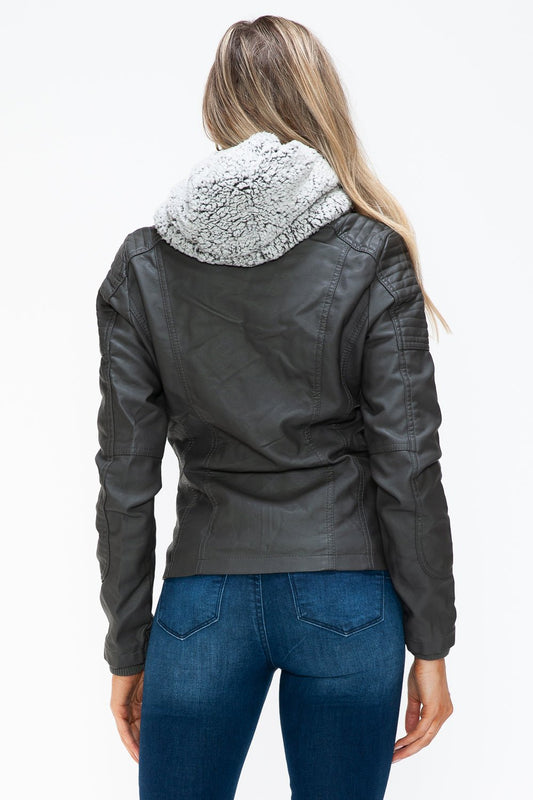 Multi-Pocket Vegan Leather Jacket in Charcoal