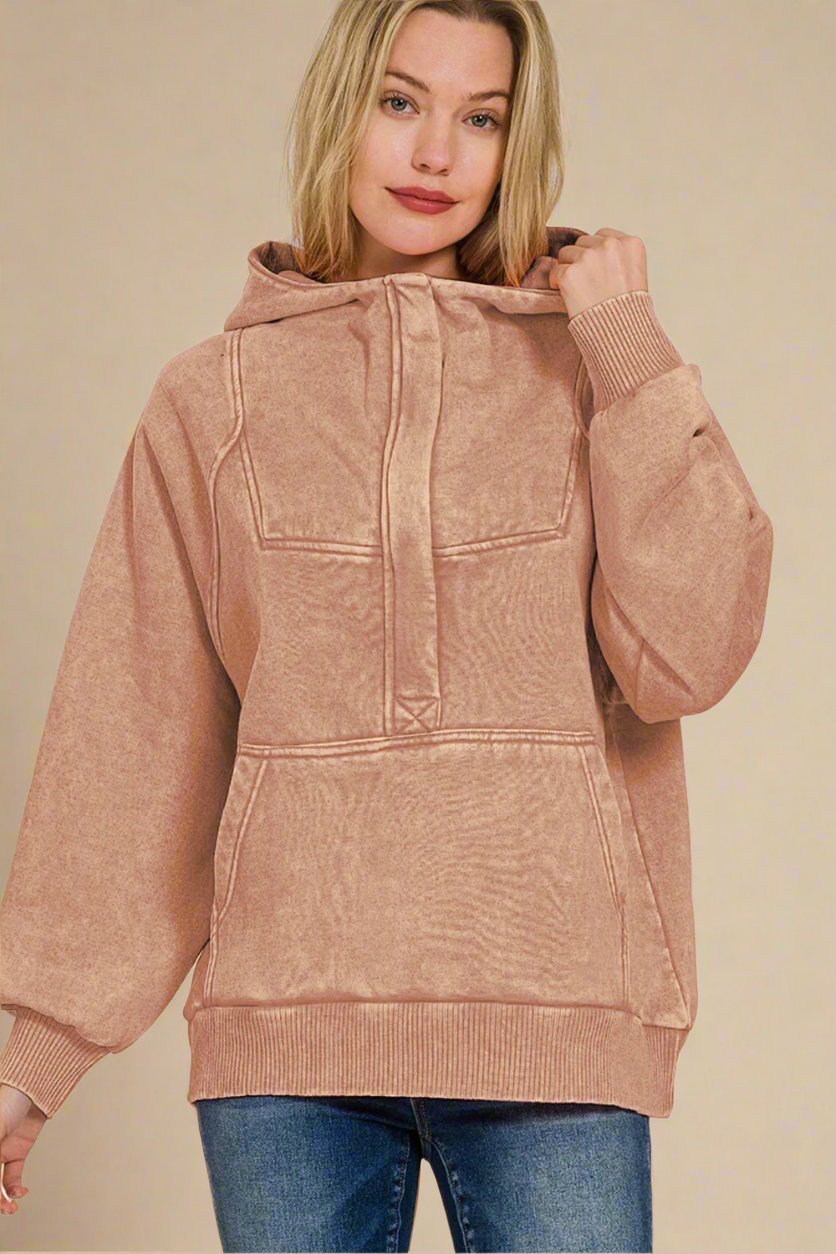 Zenana - Acid Wash Fleece Hoodie in Rust