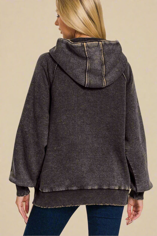 Zenana - Acid Wash Fleece Lined Hoodie in Ash Black