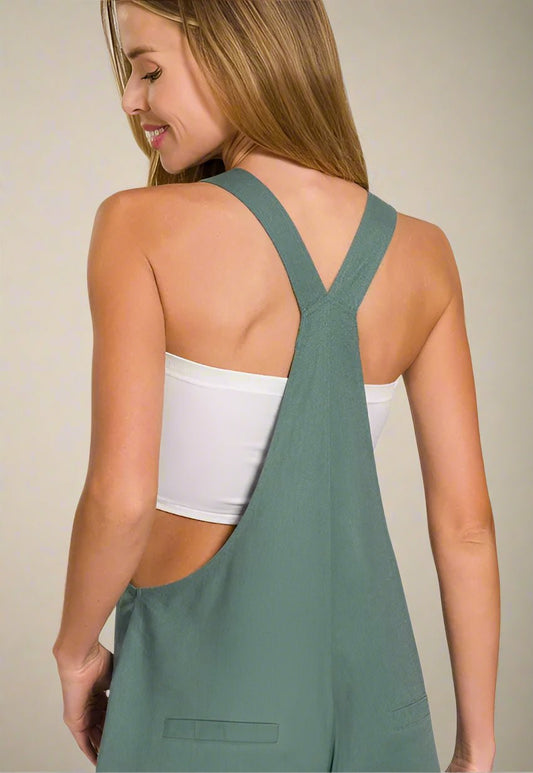 Zenana - Bow Strap Overalls – Eucalyptus Green