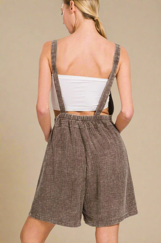 Zenana - Brown Textured Tie - Strap Overall Romper with Front Pockets