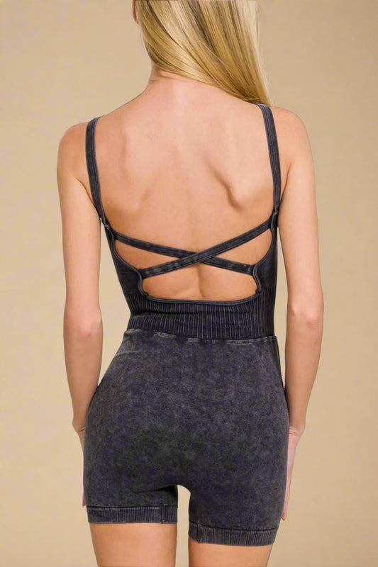 Zenana - Charcoal Washed Rib Knit Tank Romper