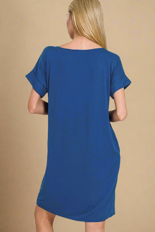 Zenana - Cobalt Blue Short Sleeve Mini Shift Dress with Pockets