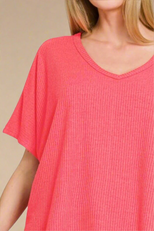 Zenana - Coral Rib Knit V - Neck Knit Top