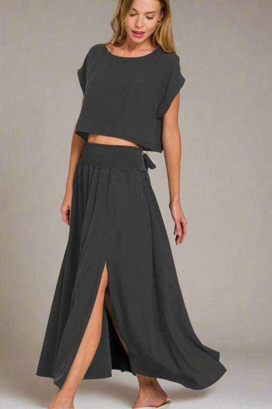 Zenana - Crop Tee & Smocked Waist Maxi Skirt Set – Black