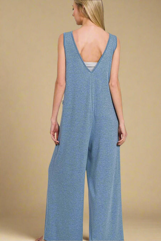 Zenana - Dusty Denim Blue Sleeveless Wide Leg Jumpsuit with Pockets