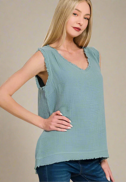 Zenana - Frayed V - Neck Sleeveless Top – Dusty Aqua Sage