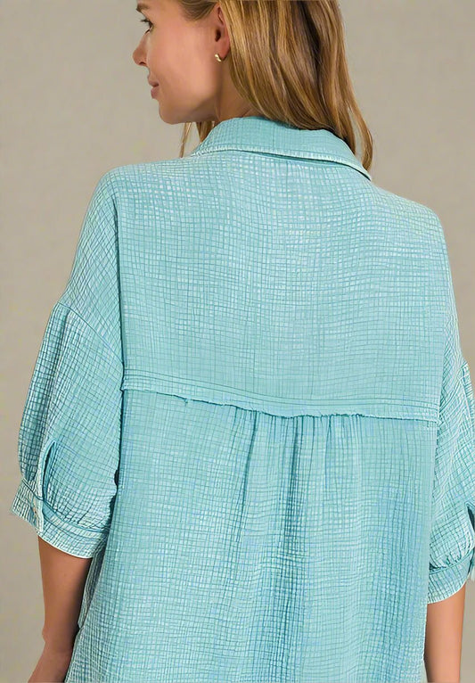Zenana - Gauze Button - Down Mini Shirt Dress – Aqua Blue