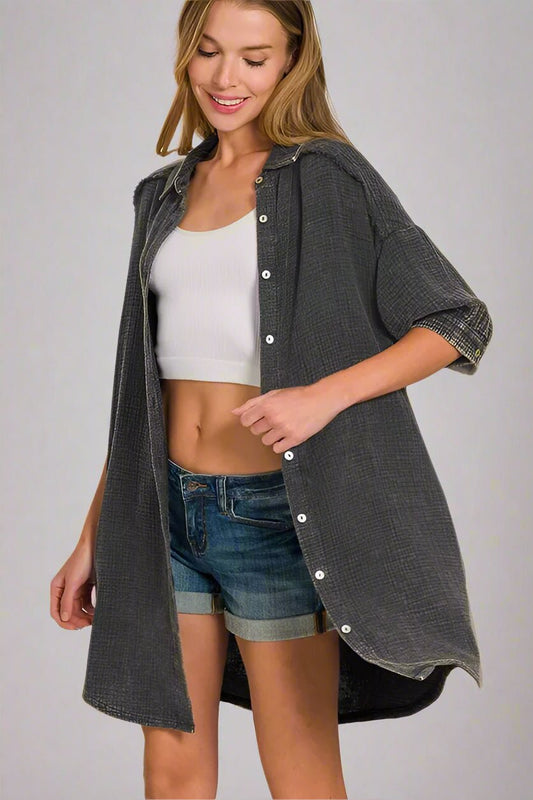 Zenana - Gauze Button - Down Mini Shirt Dress – Black Charcoal