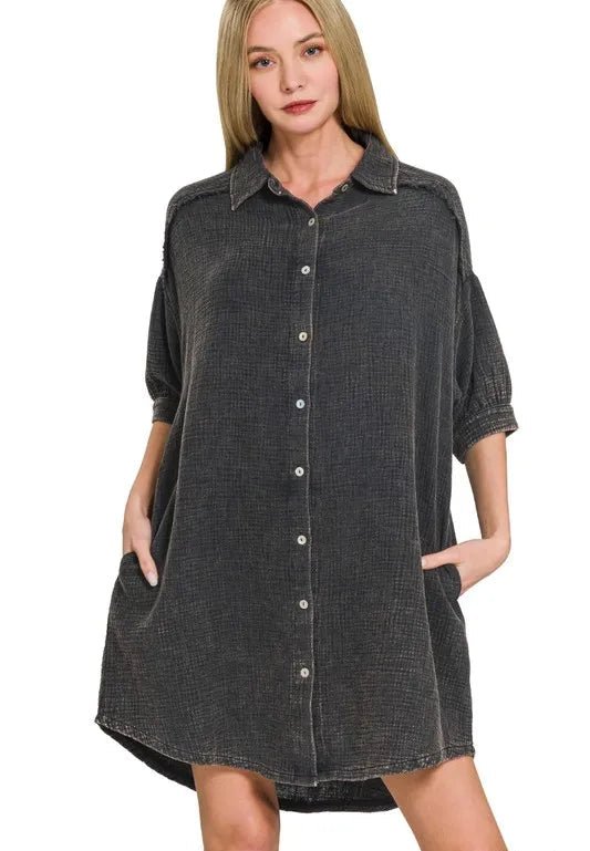 Zenana - Gauze Button - Down Mini Shirt Dress – Black Charcoal