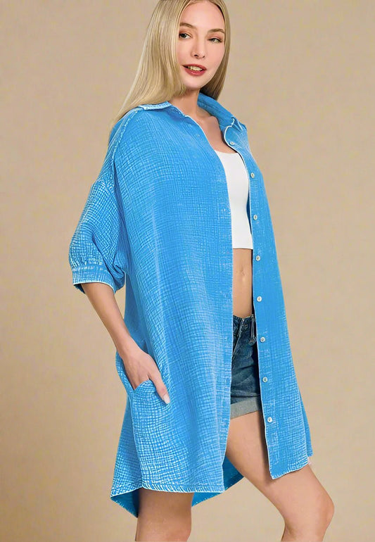Zenana - Gauze Button - Down Mini Shirt Dress – Bright Blue