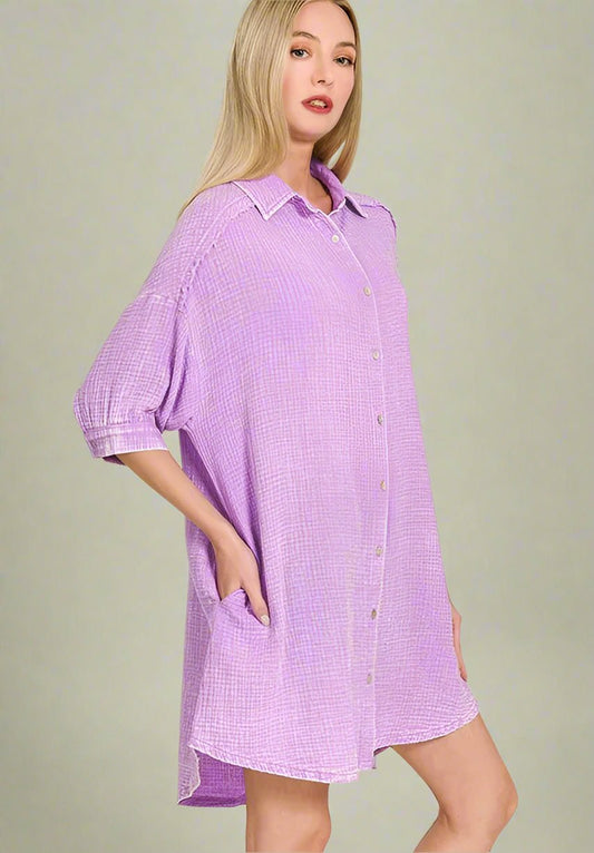 Zenana - Gauze Button - Down Mini Shirt Dress – Lilac