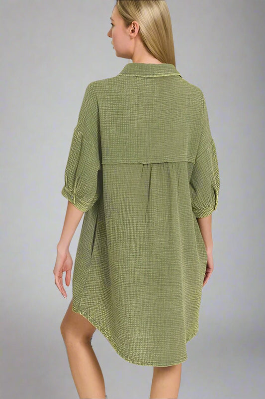 Zenana - Gauze Button - Down Mini Shirt Dress – Olive