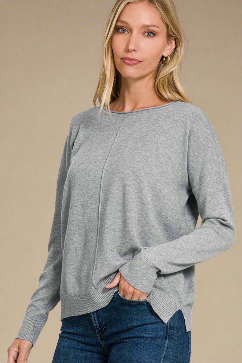 Zenana - Gray Front Seam Sweater
