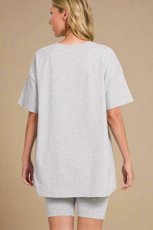 Zenana - Heather Gray Oversized Tee & Biker Shorts Set
