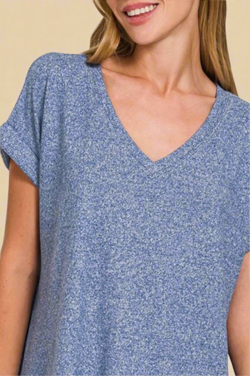 Zenana - Heather Navy V - Neck Rolled Sleeve Top
