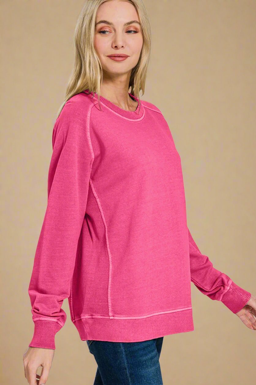 Zenana - Hot Pink Pigment Dyed French Terry Sweatshirt