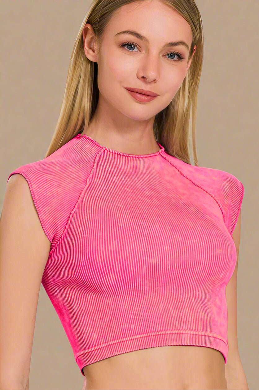 Zenana - Hot Pink Rib Knit Sleeveless Crop Top