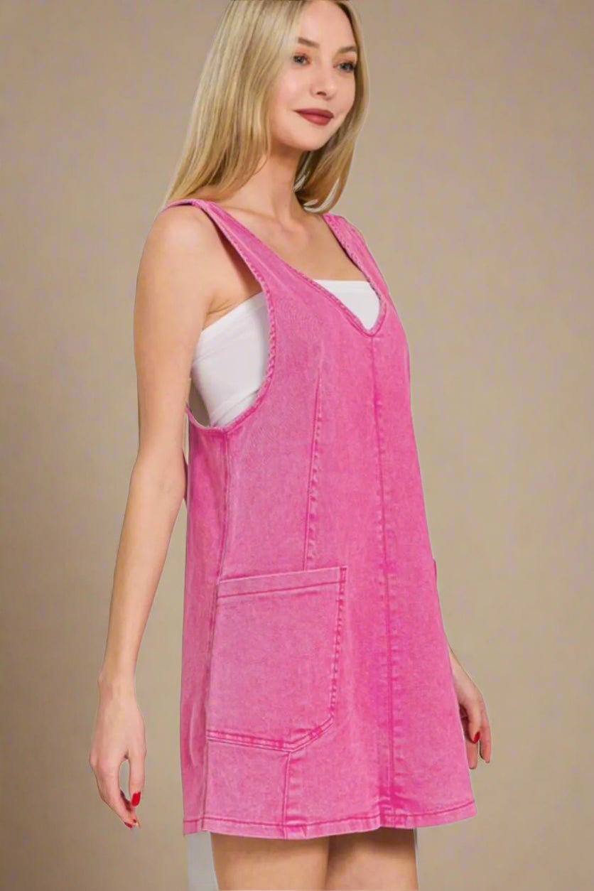 Zenana - Hot Pink Wash Denim Pocket Overall Mini Dress