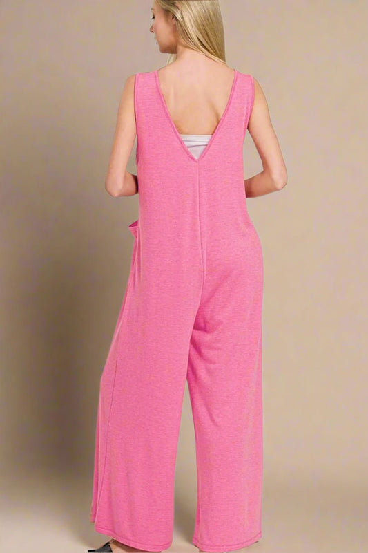 Zenana - Hot Pink Wide - Leg Sleeveless Jumpsuit with Pockets
