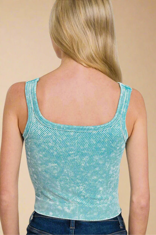 Zenana - Ice Blue Washed Rib Knit Crop Tank Top