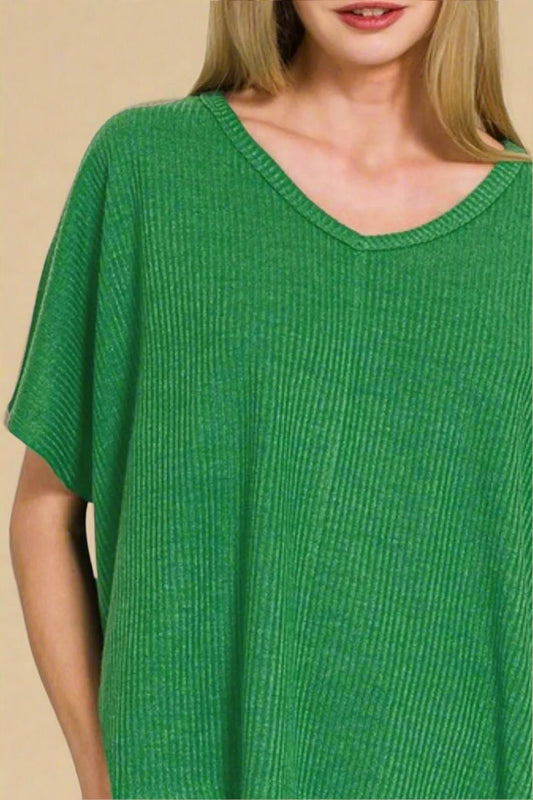Zenana - Kelly Green Rib Knit V - Neck Knit Top