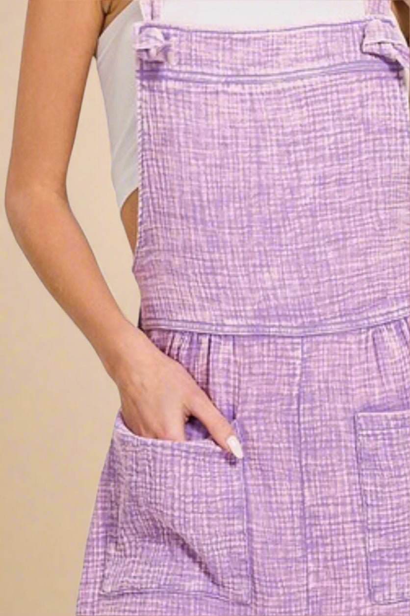 Zenana - Lavender Textured Tie - Strap Overall Romper with Front Pockets