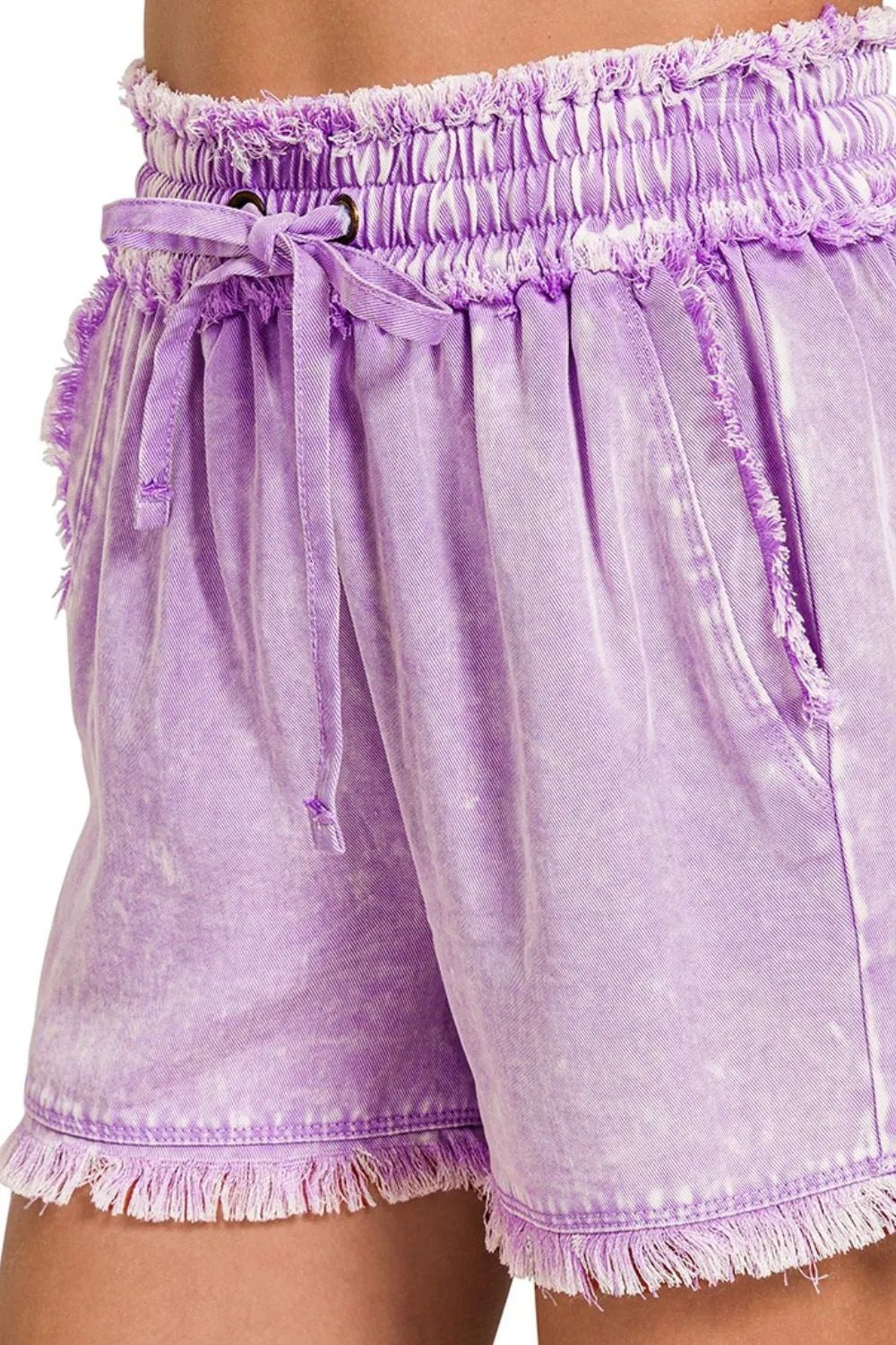 Zenana - Lavender Washed Frayed Hem Drawstring Shorts