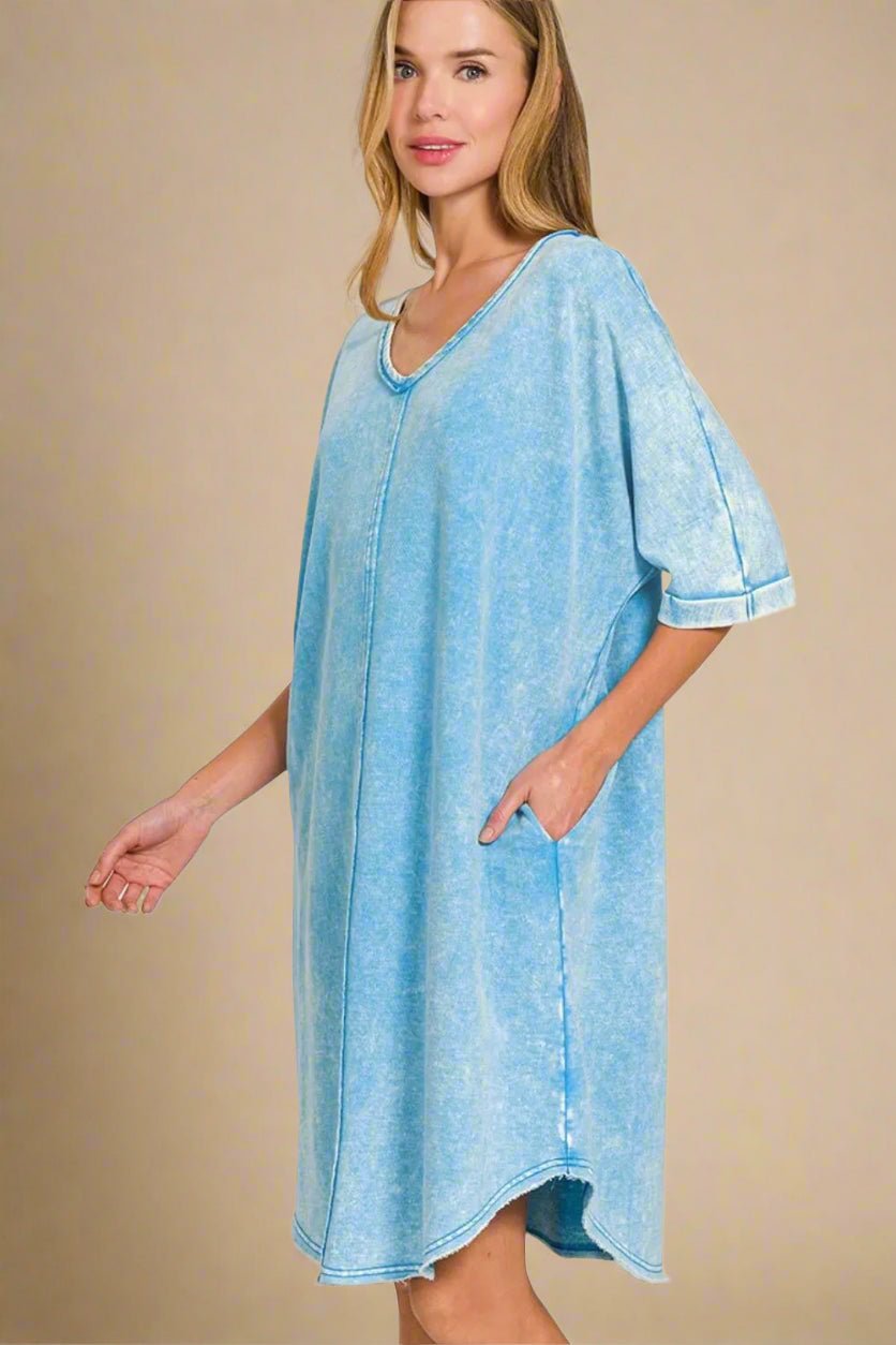 Zenana - Light Blue Washed Cotton Mini T-Shirt Dress