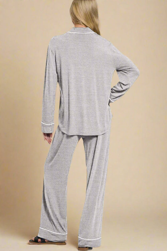 Zenana - Light Gray Button Down Long Sleeve Top & Pants Lounge Set