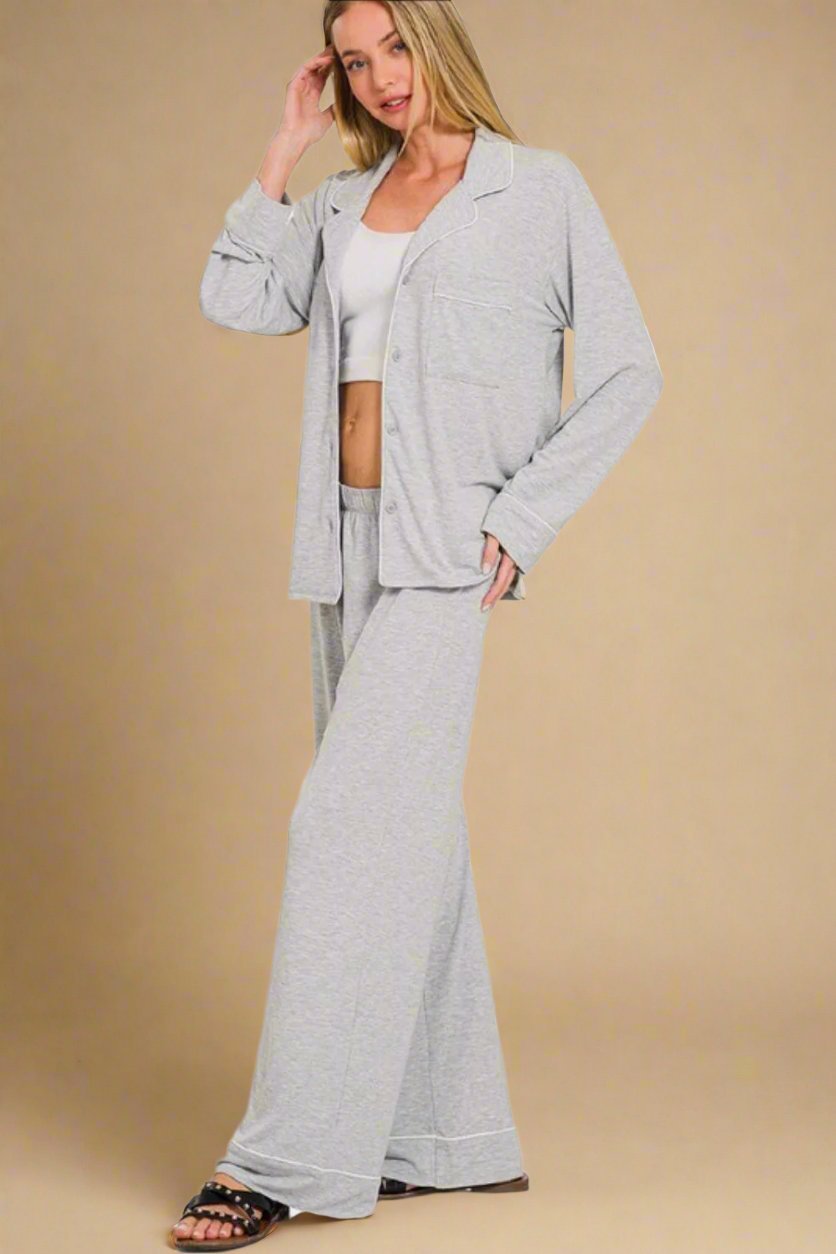 Zenana - Light Gray Button Down Long Sleeve Top & Pants Lounge Set