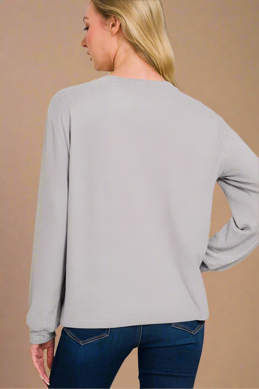 Zenana - Light Gray Hacci Knit Long Sleeve T-Shirt