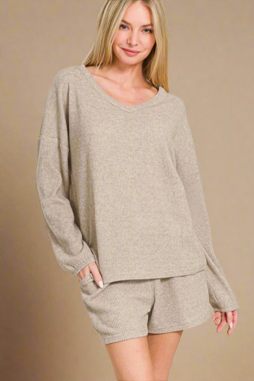 Zenana - Long Sleeve Top and Shorts Set in Khaki