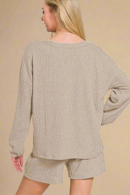 Zenana - Long Sleeve Top and Shorts Set in Khaki