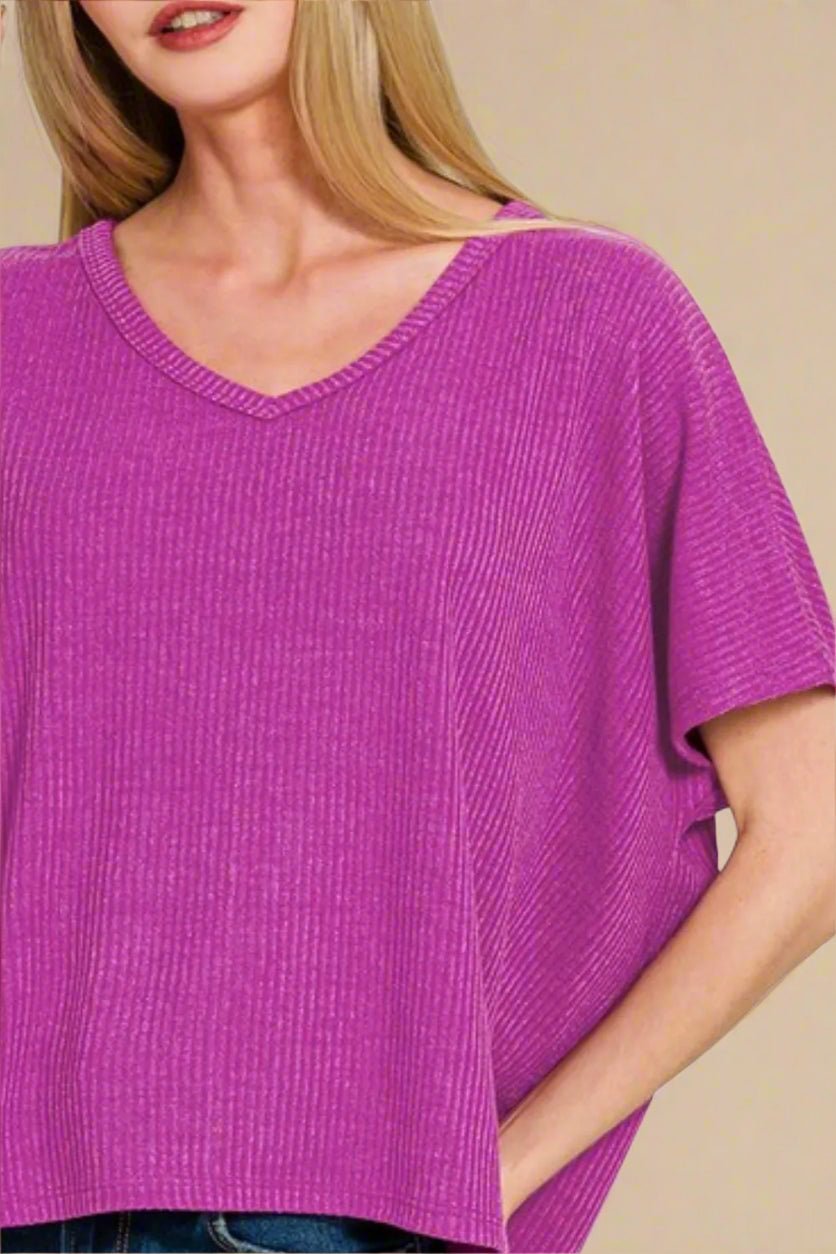 Zenana - Magenta Rib Knit V - Neck Knit Top
