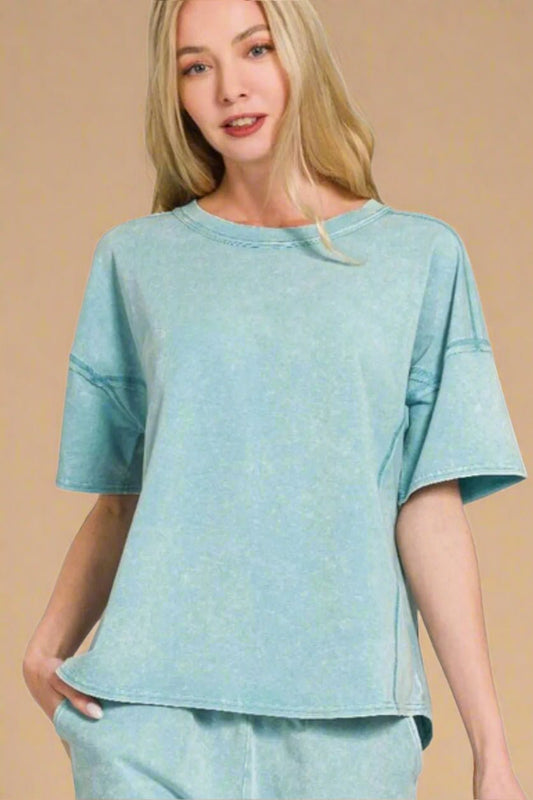 Zenana - Mineral Wash Oversized Tee & Shorts Set in Soft Chambray Blue