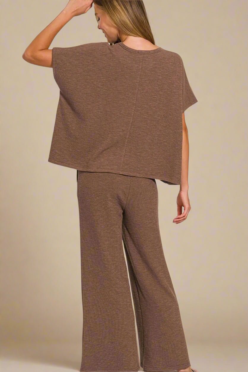 Zenana - Mocha Brown Short Sleeve Top and Wide Leg Pants Set