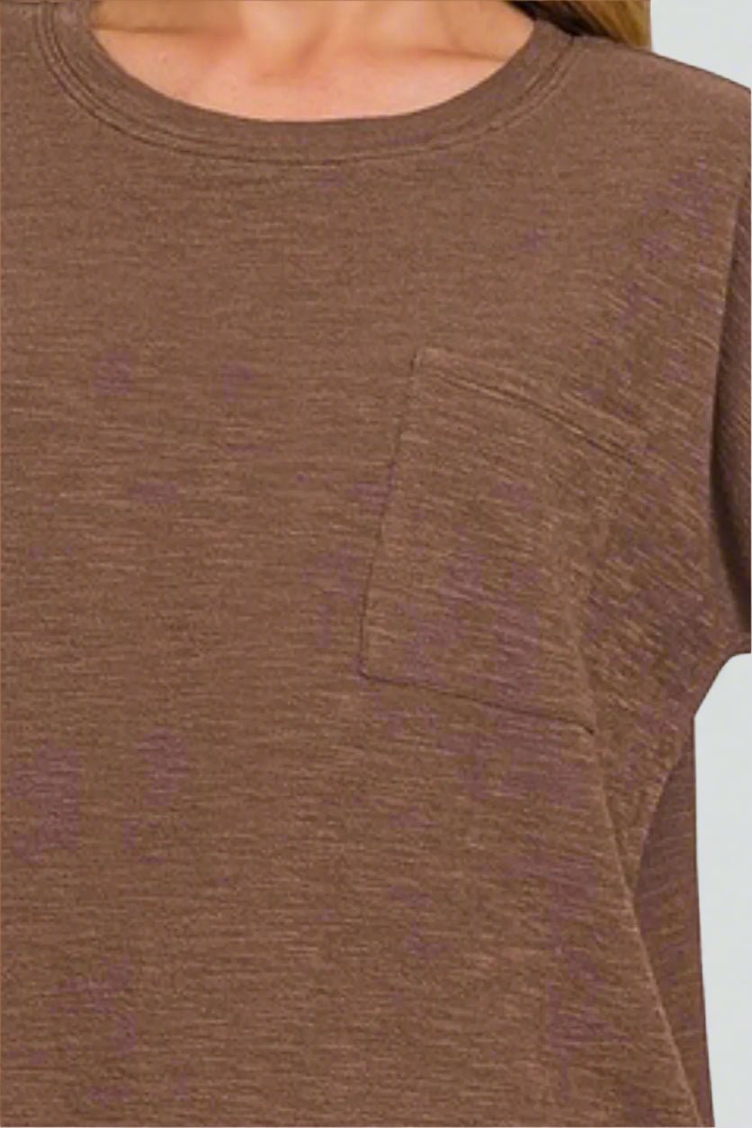 Zenana - Mocha Slub Knit Pocket Tee
