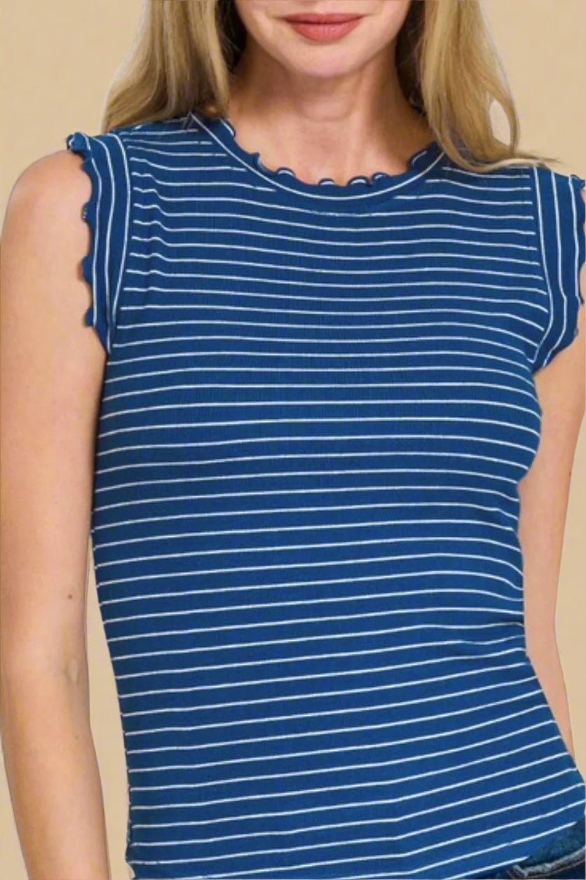 Zenana - Navy & White Striped Ruffle Sleeve Tank Top