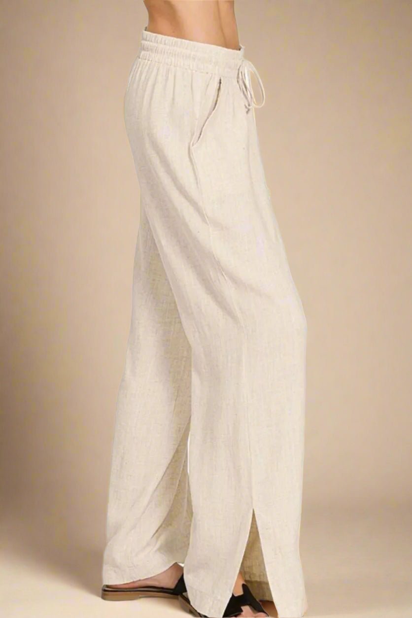 Zenana - Oatmeal Beige Wide Leg Drawstring Pants