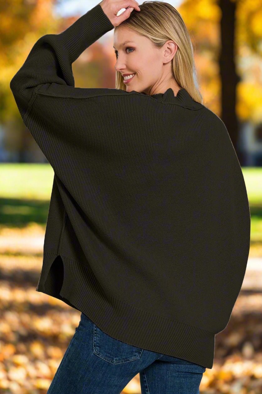 Zenana - Oversized Long Sleeve Tunic Sweater in Black