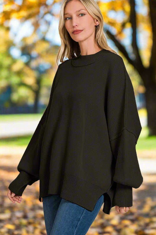 Zenana - Oversized Long Sleeve Tunic Sweater in Black