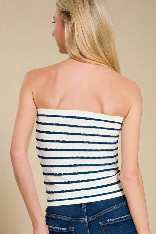 Zenana - Peacock Blue Striped Twisted Sweetheart Neck Tube Top